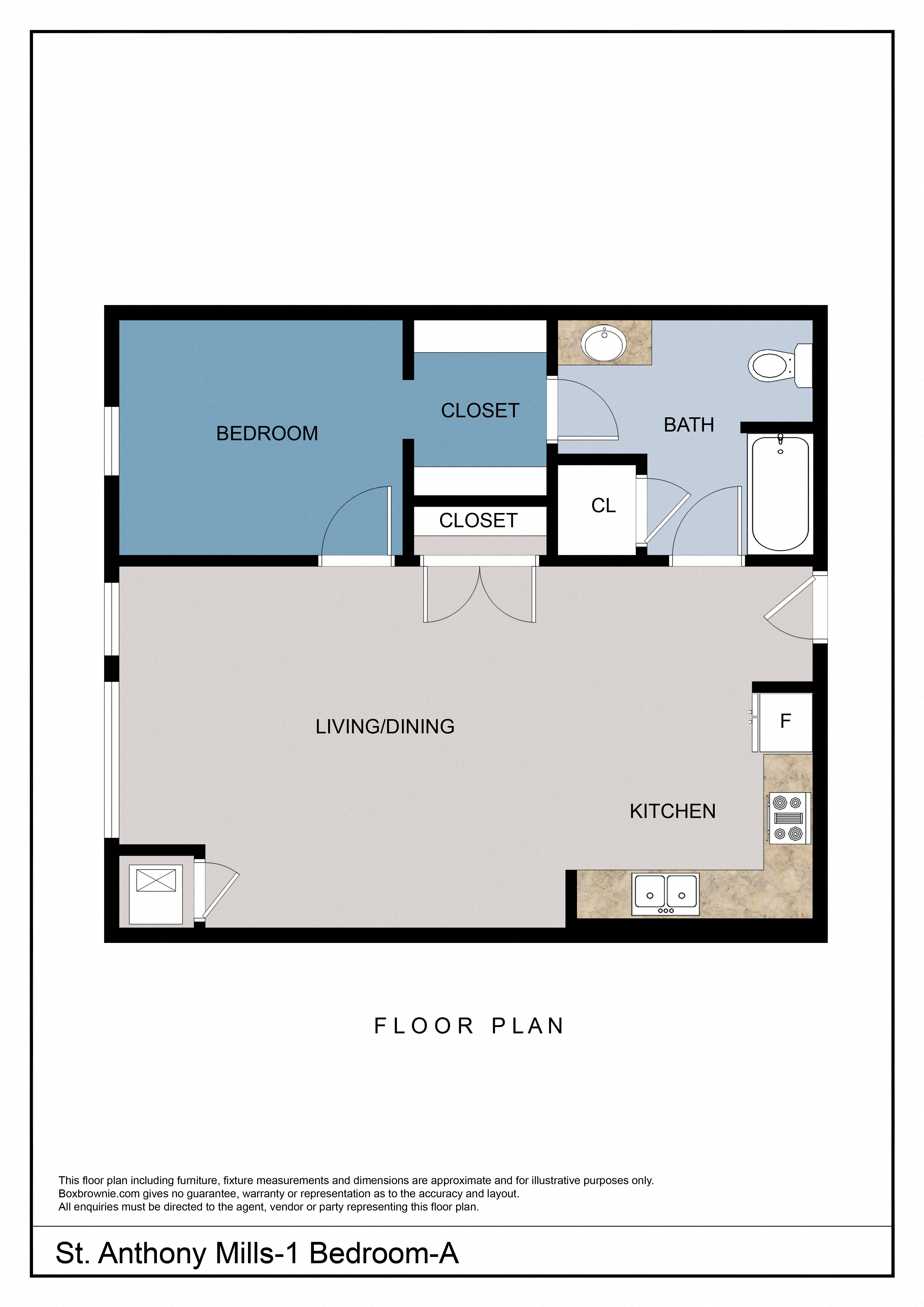 Floor plan for 1 bed, 1 bath, 796 sqft